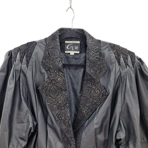 Vintage 80's Jacket Leather Bomber Multimedia Metallic Embossed Suede Black L - Picture 5 of 16